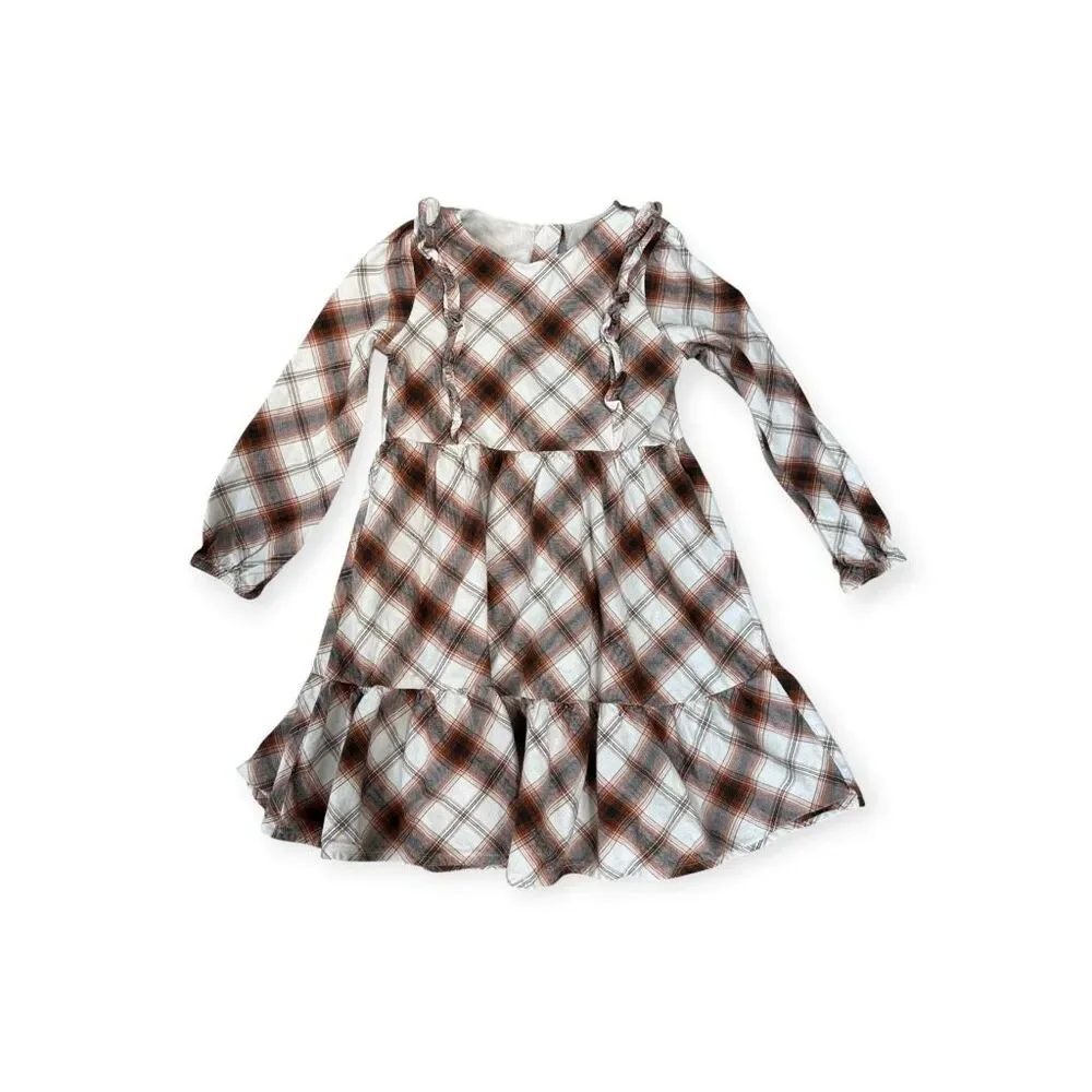 Gymboree Girls Plaid Tiered Dress - Autumn Adventures - Tan cotton flannel sz 6
